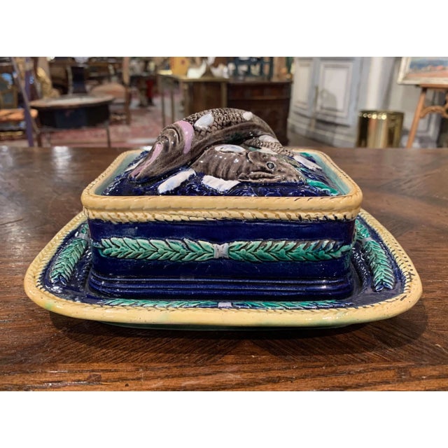 Ceramic 19th Century English Majolica Hand Painted Sardine Cover Box With Plate For Sale - Image 7 of 10