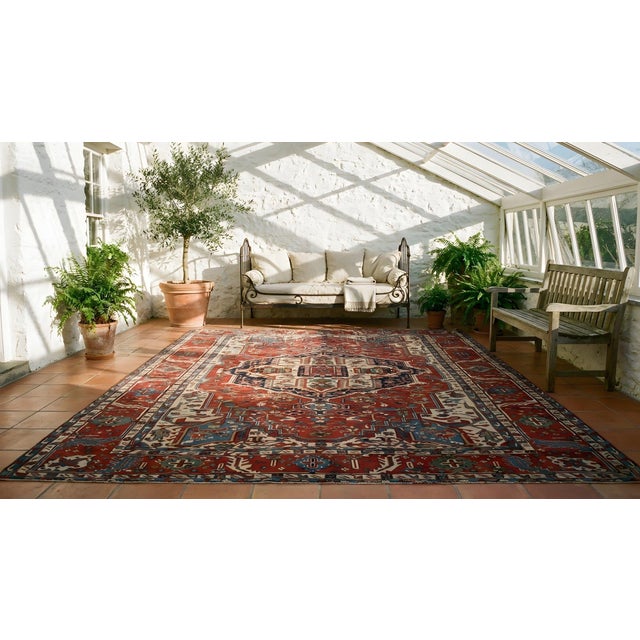 1890s Red Rust Medallion Antique Persian Serapi Rug 12'3" X 15'10" Handknotted Wool Carpet For Sale - Image 9 of 9
