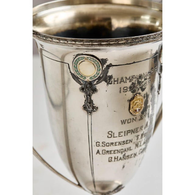 American Ex Large Silver Plated Enameled Bowling Trophy For Sale - Image 3 of 5