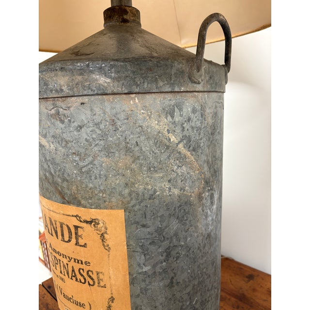Stone Gray Antique French Galvanized Lavender Canister Lamps With Original Labels & Custom Burlap Shades - a Pair For Sale - Image 8 of 17