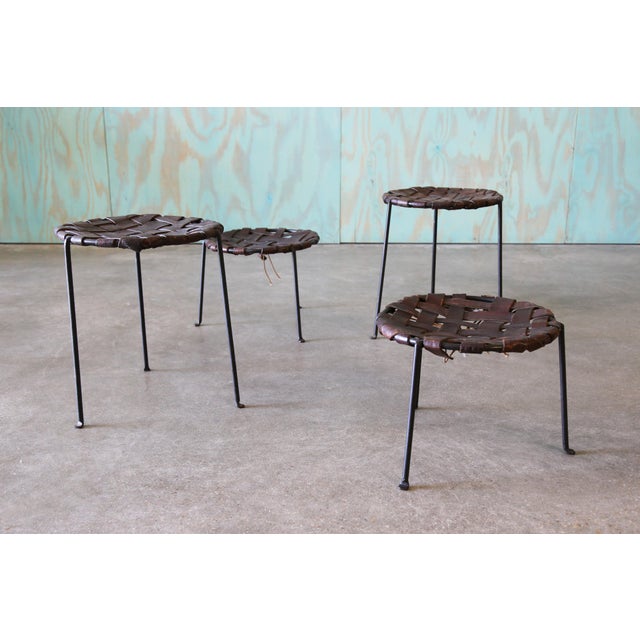 Metal A Set of 4 1940's Swift and Monell Woven Leather and Iron Stools Mid Century Modern For Sale - Image 7 of 17