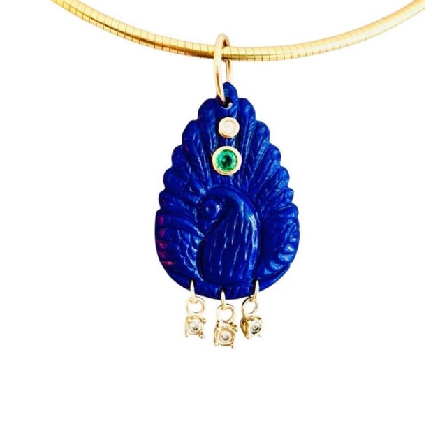 Lapis Peacock Pendant With Emeralds, Diamonds & 14k Gold For Sale - Image 11 of 13