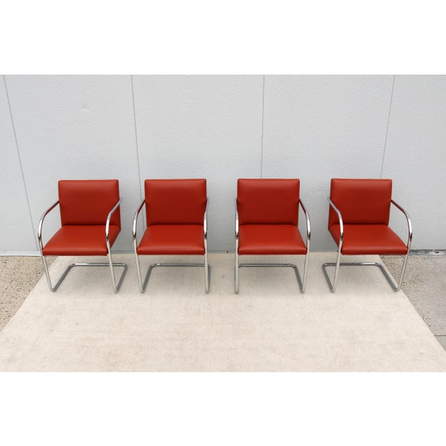 Terra Cotta Ludwig Mies Van Der Rohe Brno Tubular Chairs in Orange Vinyl by Gordon, Set of 4 For Sale - Image 8 of 18