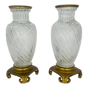 Pair, 19th Century Baccarat Swirl Pattern Bronze Ormolu Mounted Crystal Vases
