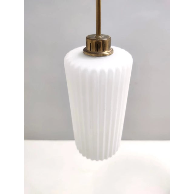 Mid-Century Modern Glazed Opaline Glass, Teak and Brass Pendant, Italy, 1960s For Sale - Image 3 of 10