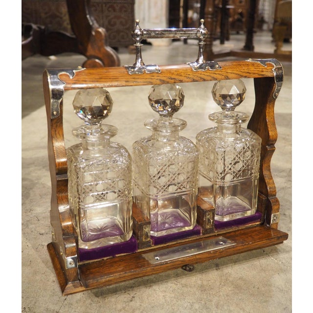 19th Century 19th Century 3-Bottle English Oak and Silver Plated Locking Decanter Set For Sale - Image 5 of 18