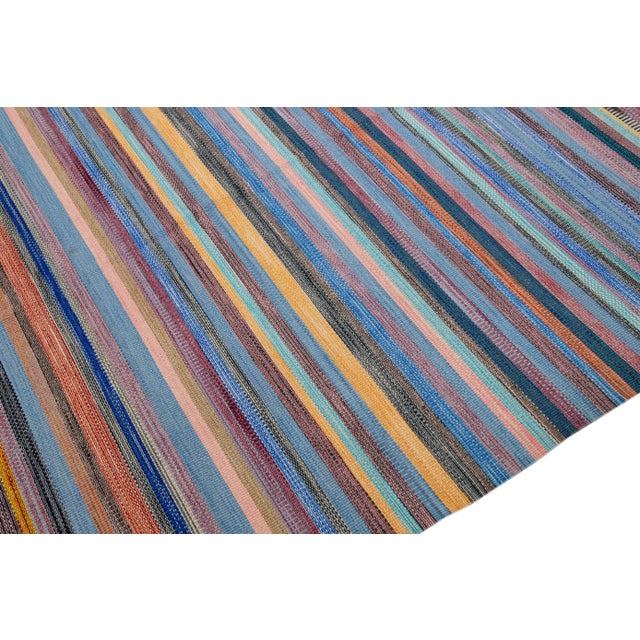 Modern Striped Kilim Flatweave Multicolor Handmade Wool Rug For Sale - Image 9 of 11