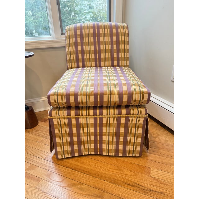 Transitional Pair of Baker Furniture Slipper Chairs in Plaid Upholstery For Sale - Image 3 of 16