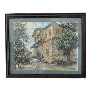 Framed Watercolor on Paper Turkish Brick House by Nimetullah Gerasim For Sale