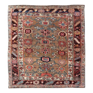 Square Antique Persian Bidjar Rug With Floral Motifs in Brown, Tan, & Green.4'6"x4'11" For Sale