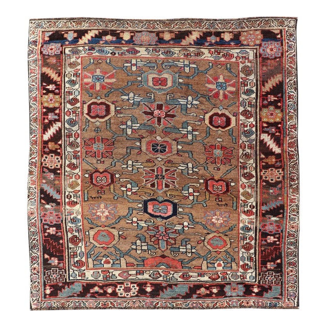 Square Antique Persian Bidjar Rug With Floral Motifs in Brown, Tan, & Green.4'6"x4'11" For Sale
