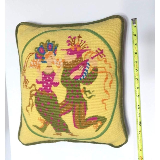 Vintage Handmade Needlepoint Pillow in Yellow with Victorian Green Jesters For Sale - Image 9 of 9