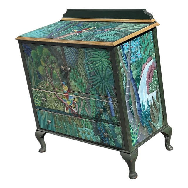 Haitian Folk Art Painted Antique Cabinet Chest of Drawers by Renold Marcelin For Sale