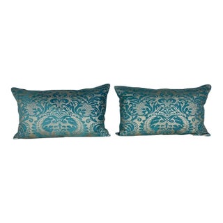 Pair of Fortuny Style Textile Pillows With Blue Silk Backs For Sale