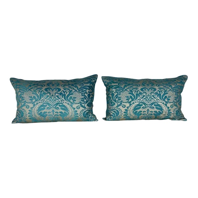 Pair of Fortuny Style Textile Pillows With Blue Silk Backs For Sale