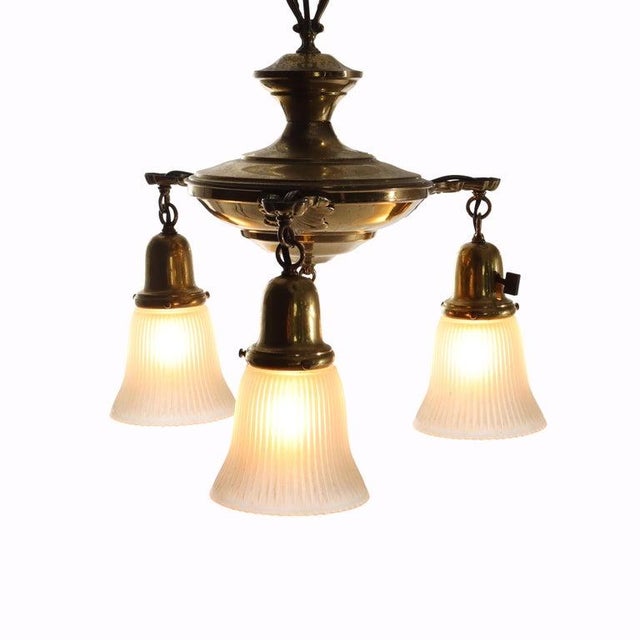 Brass Antique Brass 3-Light Chandelier With Opalescent Glass Shades C1930 For Sale - Image 8 of 10