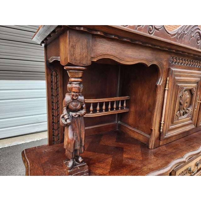 Wood Antique French Brittany Hand-Carved Oak Sideboard, C. 1920s For Sale - Image 7 of 14