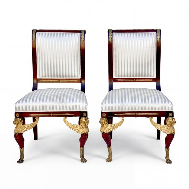 Wood Late 19th-C. French Empire Gilt Bronze Mahogany Side Chairs - Pair For Sale - Image 7 of 12