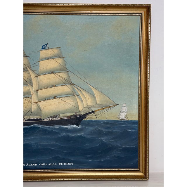 Vintage Maritime Oil Painting of “Britannia of Åland” – Scandinavian Ship Portrait, Baltic Barque, Signed Hartvik After Lind For Sale - Image 6 of 18