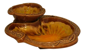 Vintage California Pottery Orange Sunburst 2 Tier Divided Serving Dish
