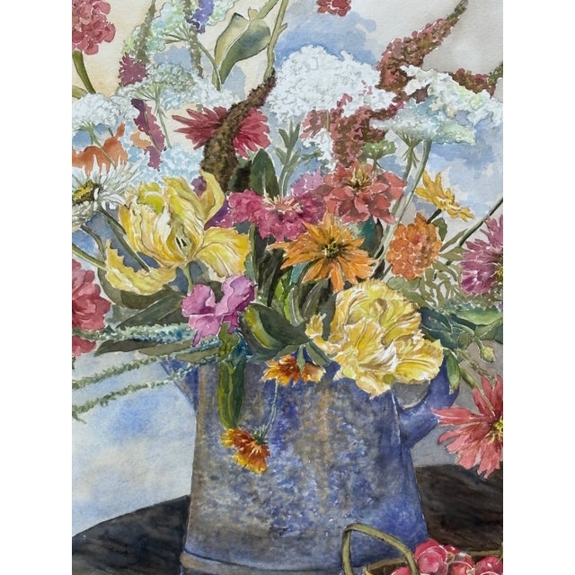 1980s Large Watercolor of Wildflowers and Zinnias in a Watering Can by Dan Suddath For Sale In Washington DC - Image 6 of 8