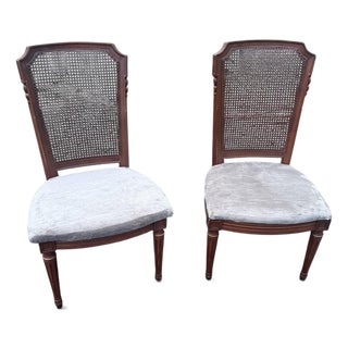Vintage French Provincial Cane-Back Side Chairs With Taupe Upholstery, Pair For Sale