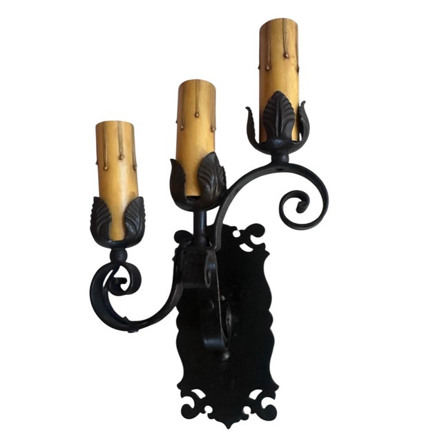 American 1920s Iron and Brass Old Painted Black Triple Candle Sconce in Stair Step Pattern - a Pair For Sale - Image 3 of 6
