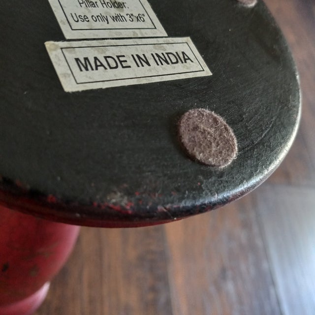 Wood Vintage Rustic Style Red Distressed Wood Pillar Candle Holders Wood - a Pair For Sale - Image 7 of 7