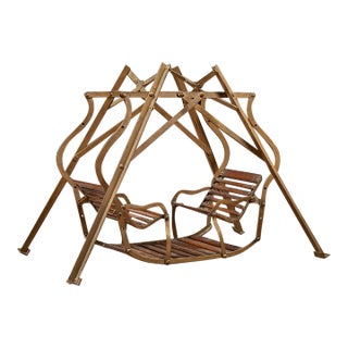 Antique Brass and Wood Folding Four-Passenger Lawn Glider Swing Salesman Sample For Sale