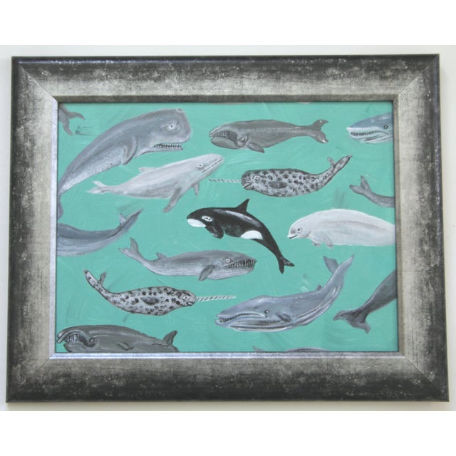Whales species swimming in an aqua green blue ocean seascape. Traditional, Minimalism, Folk Art, Pop Art, Coastal, Beach...