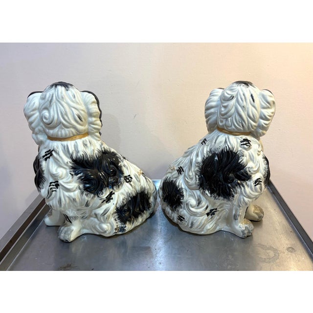 Early 20th Century Black/White Large Staffordshire Dogs Pair For Sale - Image 5 of 6