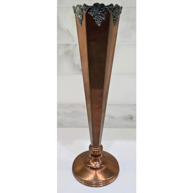 Elevate your vignette with this striking Art Deco Sheffield Silver Co copper trumpet bud vase, featuring a tall hexagonal...