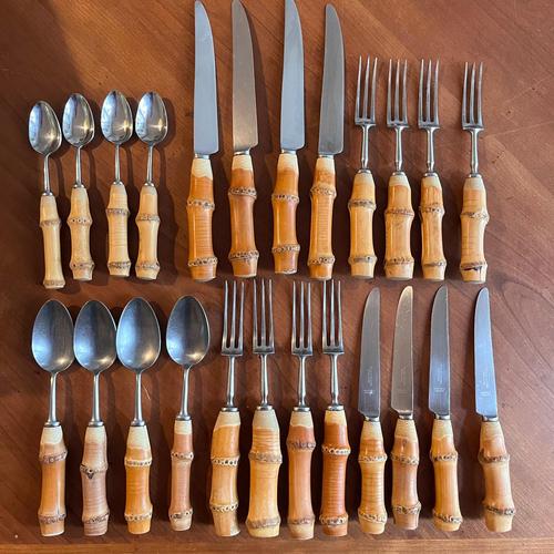 Vintage Bamboo Handled and Stainless Steel Flatware Set from Mills Moore, Set of 24 For Sale - Image 14 of 14
