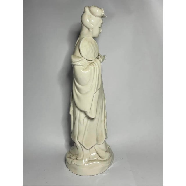 Asian Antique Early 20th Century Blanc De Chine Porcelain Figure of a Lady Holding a Fan, 10″ - Dehua For Sale - Image 3 of 7