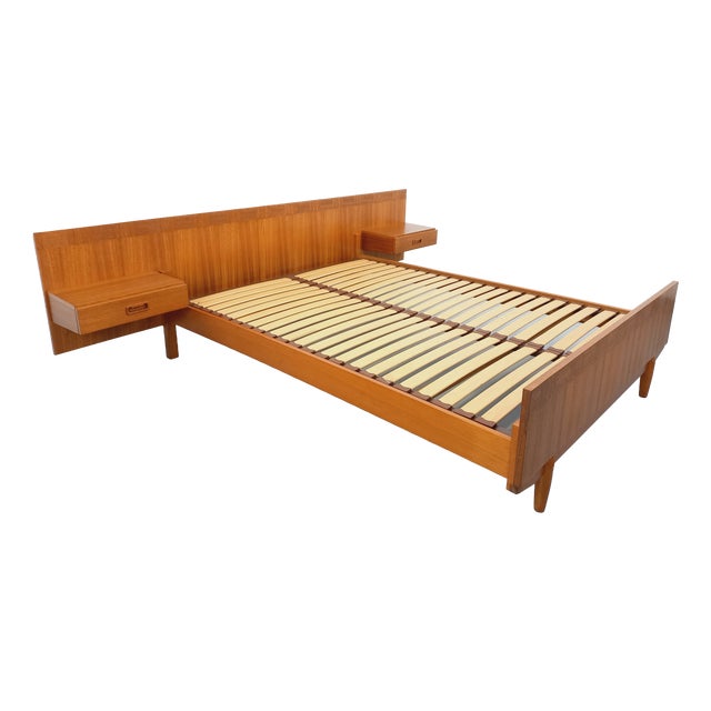 Vintage Scandinavian Teak Double Bed with Integrated Bedside Tables and Slatted Base, 1960s For Sale