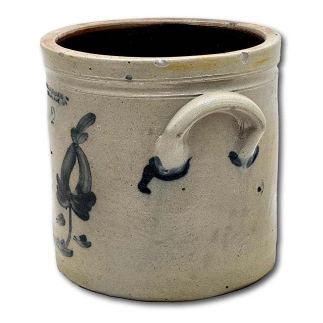 Nice Antique 1850s 2 Gallon American Blue Hand Decorated Stoneware Crock by L & B G Chace in Somerset Mass. For Sale - Image 4 of 12