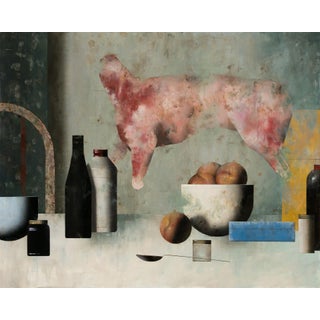 Anima by Matthew Saba | Oil on panel Still life with a floating figure and various objects For Sale