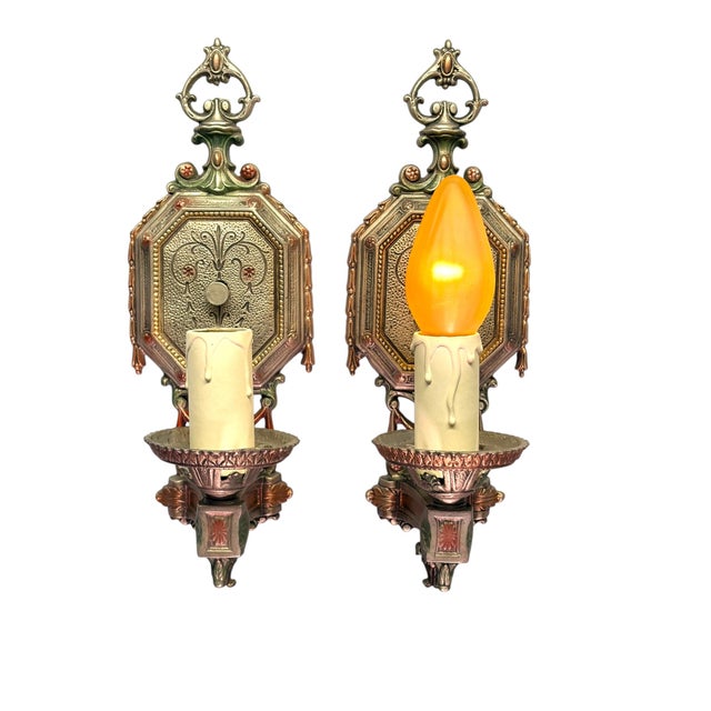 1920s Cast Aluminum Wall Sconces With Silver Red and Green Finish - Pair For Sale - Image 4 of 13