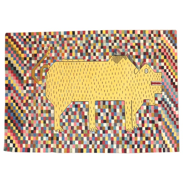 Yellow Late 20th Century Persian Rhinoceros Checkerboard Kilim - 4'11" x 6'11" For Sale - Image 8 of 18