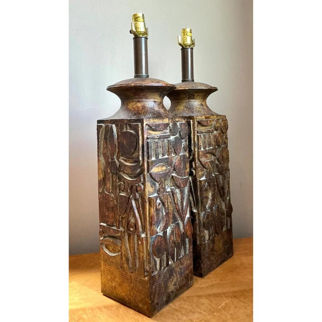 Ceramic Vintage Abstract Carved Ceramic Lamps - A Pair For Sale - Image 7 of 13