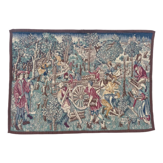 Vintage Aubusson Médiéval Design Jacquard Tapestry Woodcutters, 1960s For Sale