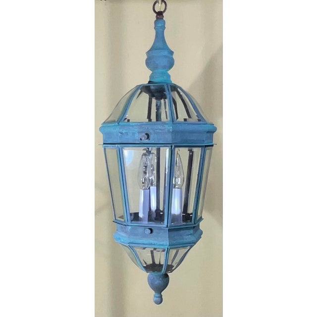 Vintage Verdigris Solid Brass Hexagonal Hanging Lantern – 29”x 11” For Sale In Miami - Image 6 of 14