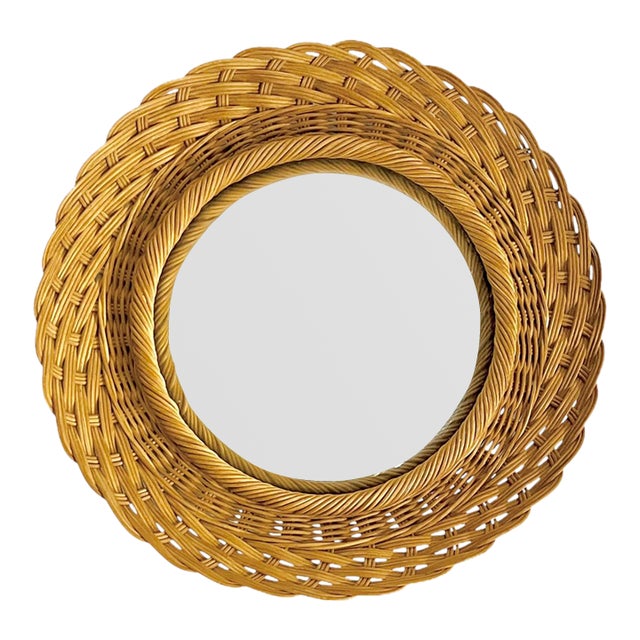 Vintage French Wave Edge Wicker Sunburst Convex Mirror, Mid-Century For Sale