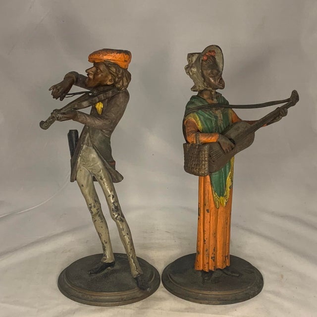 Antique Spelter Musician Candlesticks: Cold Painted Caricature Pair For Sale - Image 4 of 10