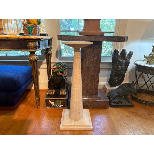 Italian Modern Travertine Pedestal By Angelo Mangiarotti. Offered is a stunning Italian travertine pedestal designed by...
