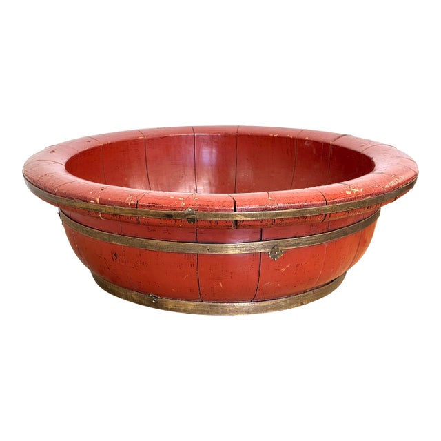 Large 19th C Brass Trimmed Red Barrel Bowl For Sale