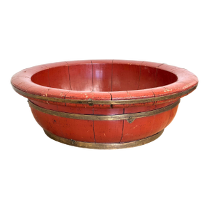 Large 19th C Brass Trimmed Red Barrel Bowl