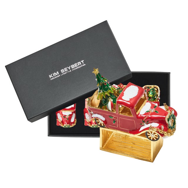 Kim Seybert Xmas Truck Napkin Ring in Red, Green & Gold, Set of 4 in a