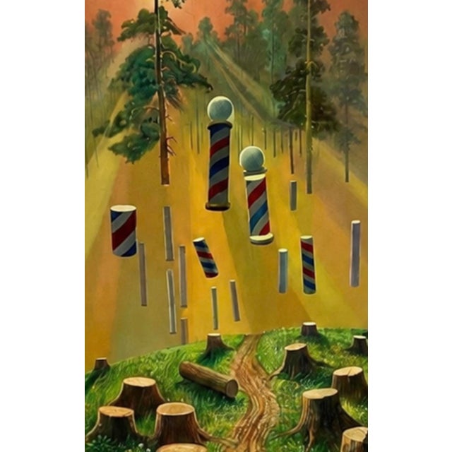 Surrealism Vintage Surrealist Barber Pole Forest Landscape Oil on Canvas Painting - Curt Frankenstein (1922-2009) For Sale - Image 3 of 5