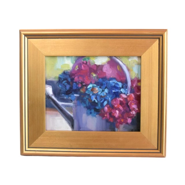 2020s Impressionist Floral Bouquet of Flowers in Watering Can Painting Including the Antiqued Gold Wood Frame For Sale - Image 5 of 6